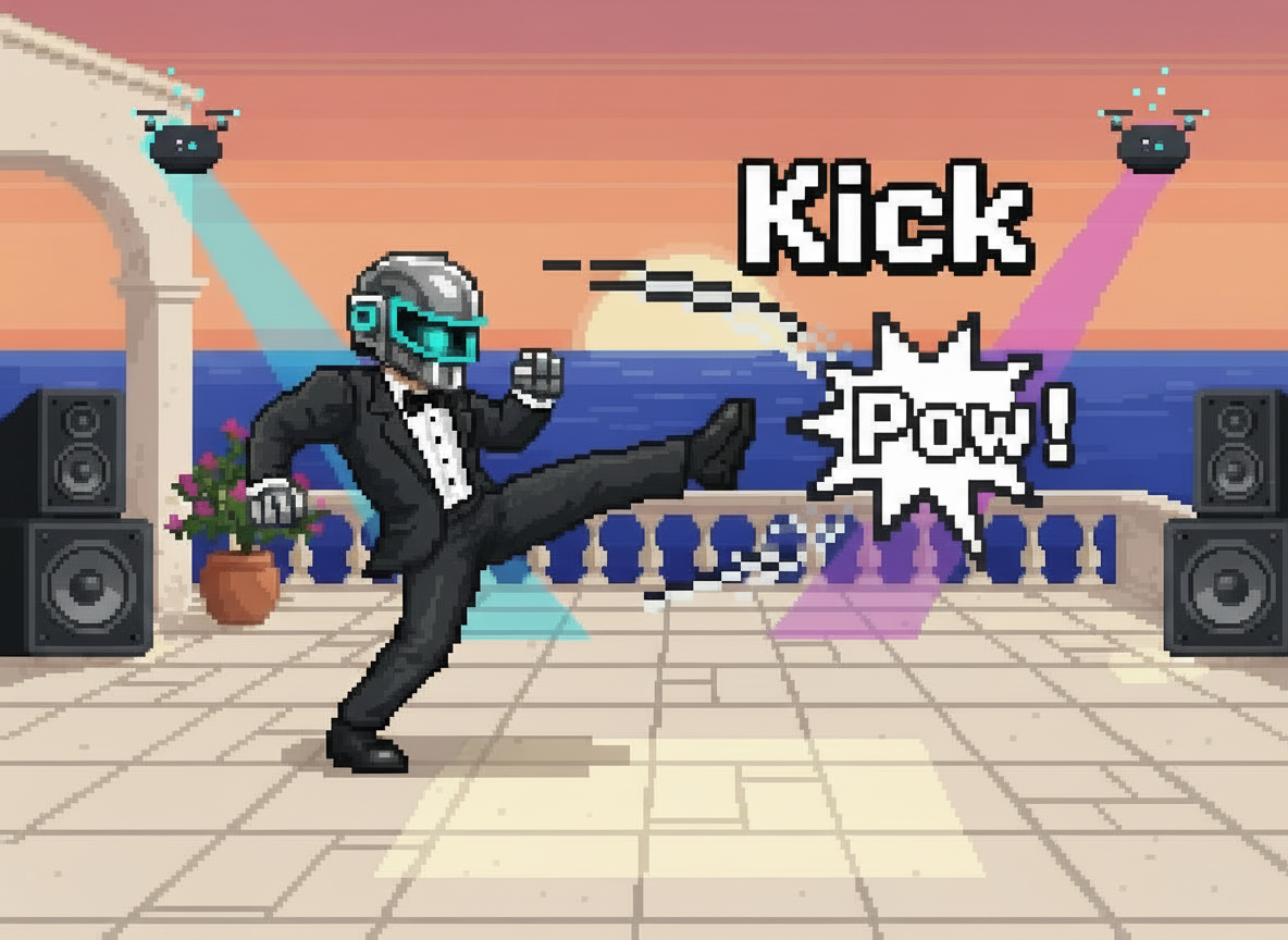 Kick Pow Productions - DJ in tuxedo with retro pixel art style performing a kick on a dance floor with speakers and colorful lights